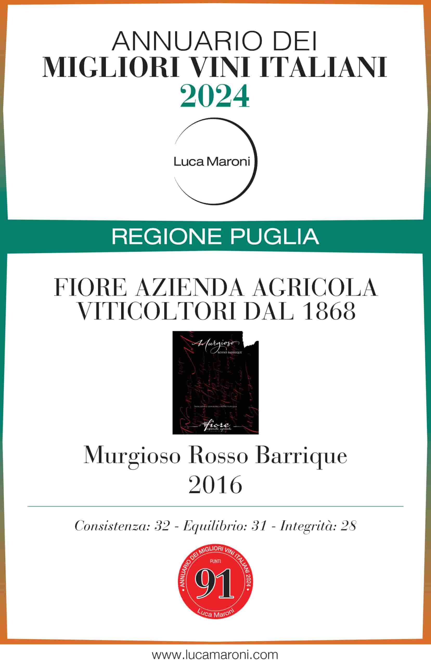 Attestato annuario dei migliori vini Italiani 2024 per Murgioso Rosso Barrique 2016 di Cantine Fiore