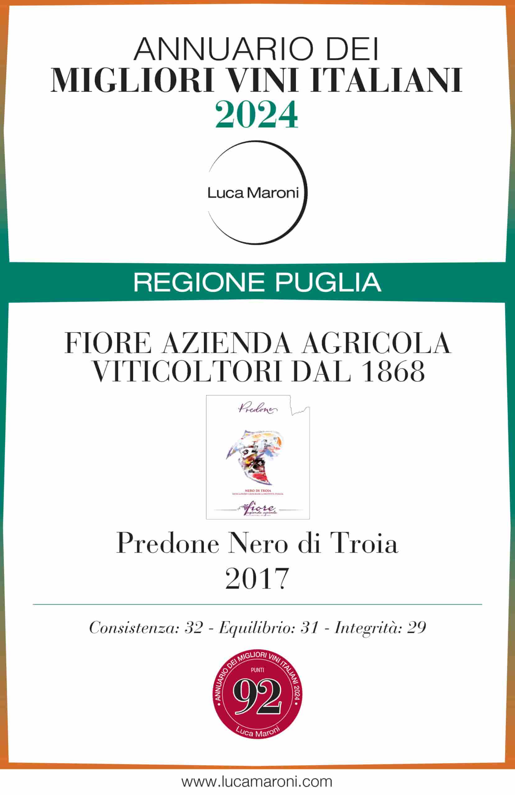 Attestato annuario dei migliori vini Italiani 2024 per Pedrone Nero di Troia 2017 di Cantine Fiore