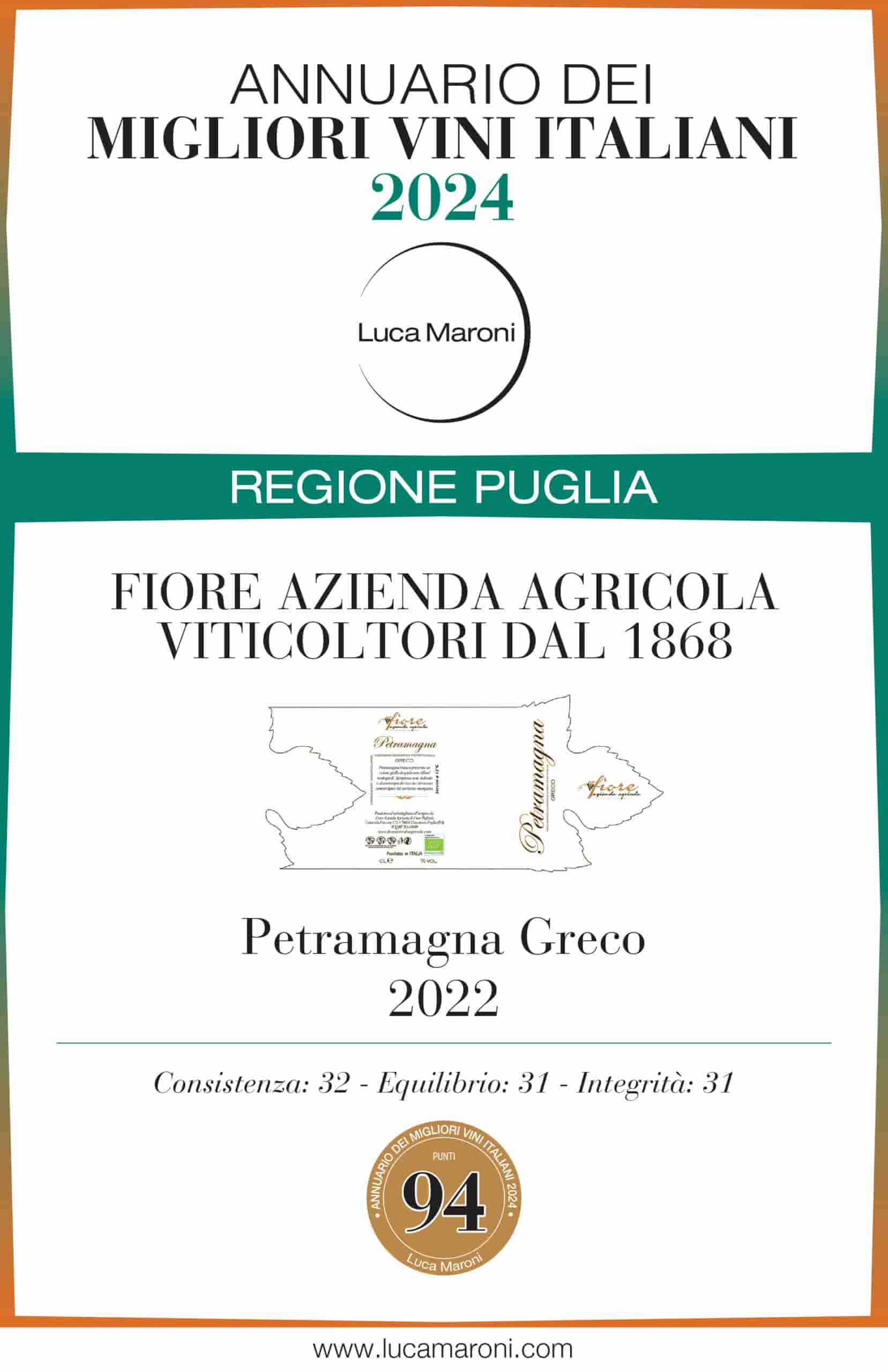 Attestato annuario dei migliori vini Italiani 2024 per Petramagna Greco 2022 di Cantine Fiore