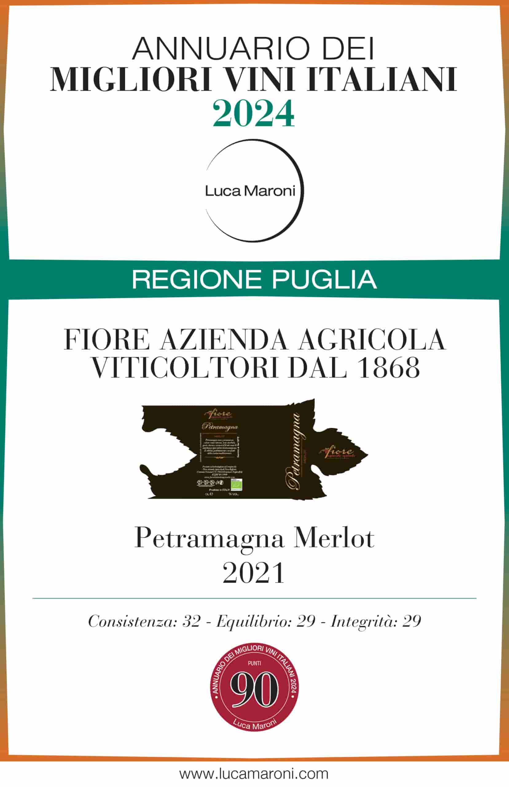 Attestato annuario dei migliori vini Italiani 2024 per Petramagna Merlot 2021 di Cantine Fiore