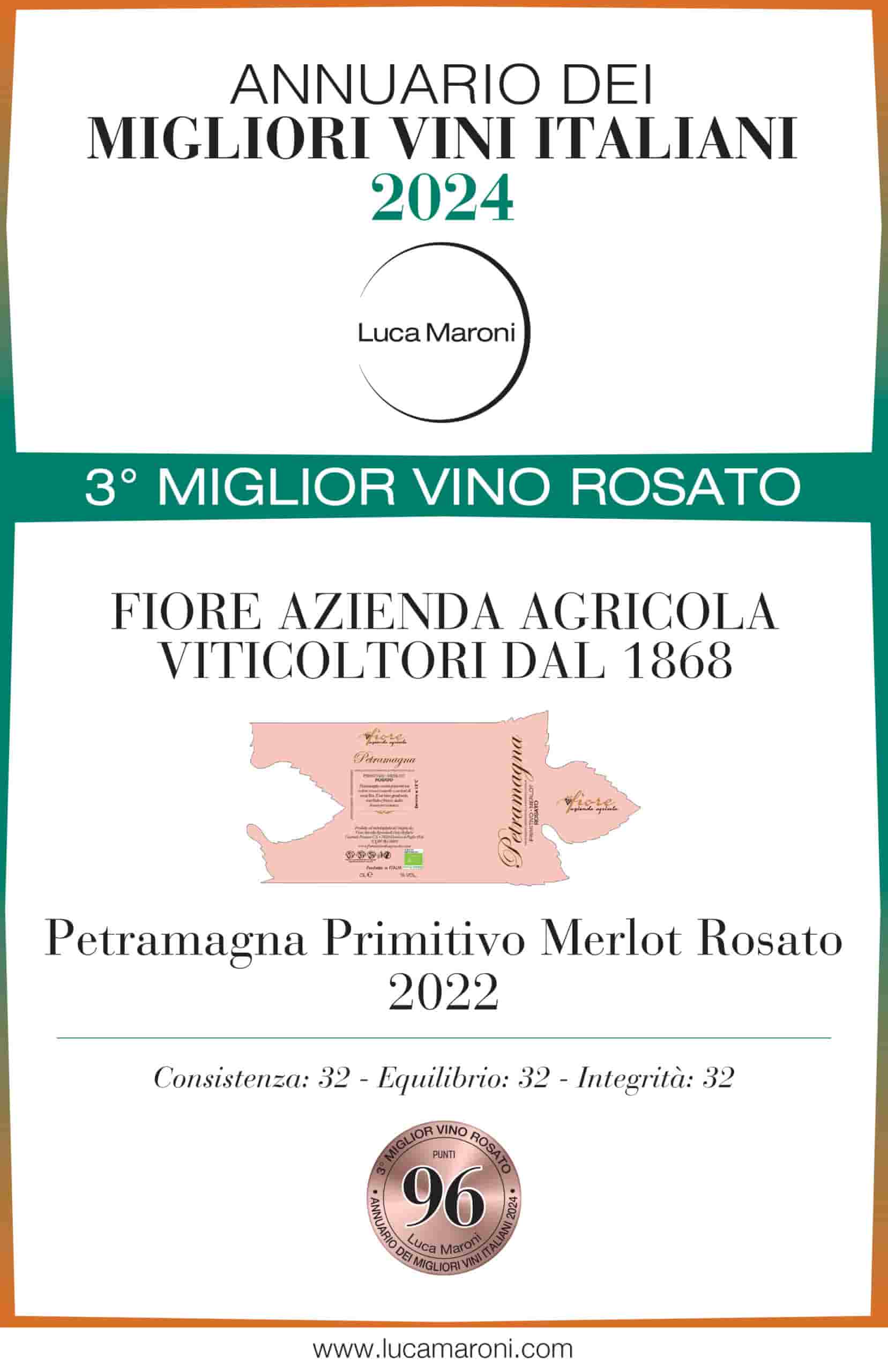 Attestato annuario dei migliori vini Italiani 2024 per Petramagna Primitivo Merlot Rosato 2022 di Cantine Fiore