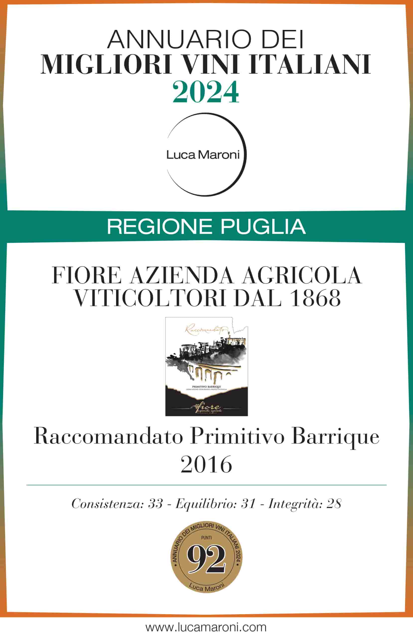 Attestato annuario dei migliori vini Italiani 2024 per Raccomandato Primitivo Barrique 2016 di Cantine Fiore