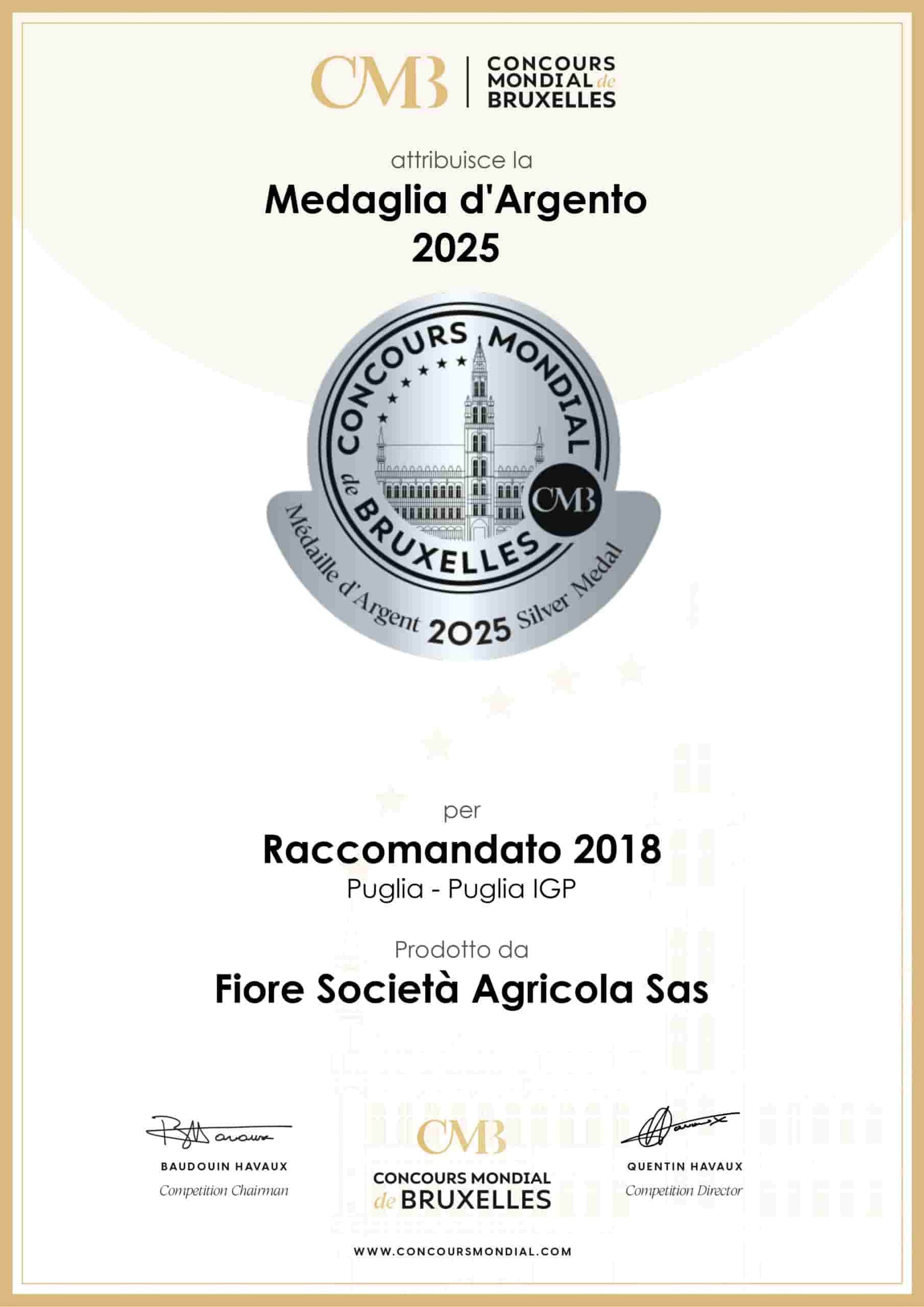 Attestato Concorso mondiale di Bruxelles - Medaglia d'Argento 2024 per Raccomandato 2018 di Cantine Fiore