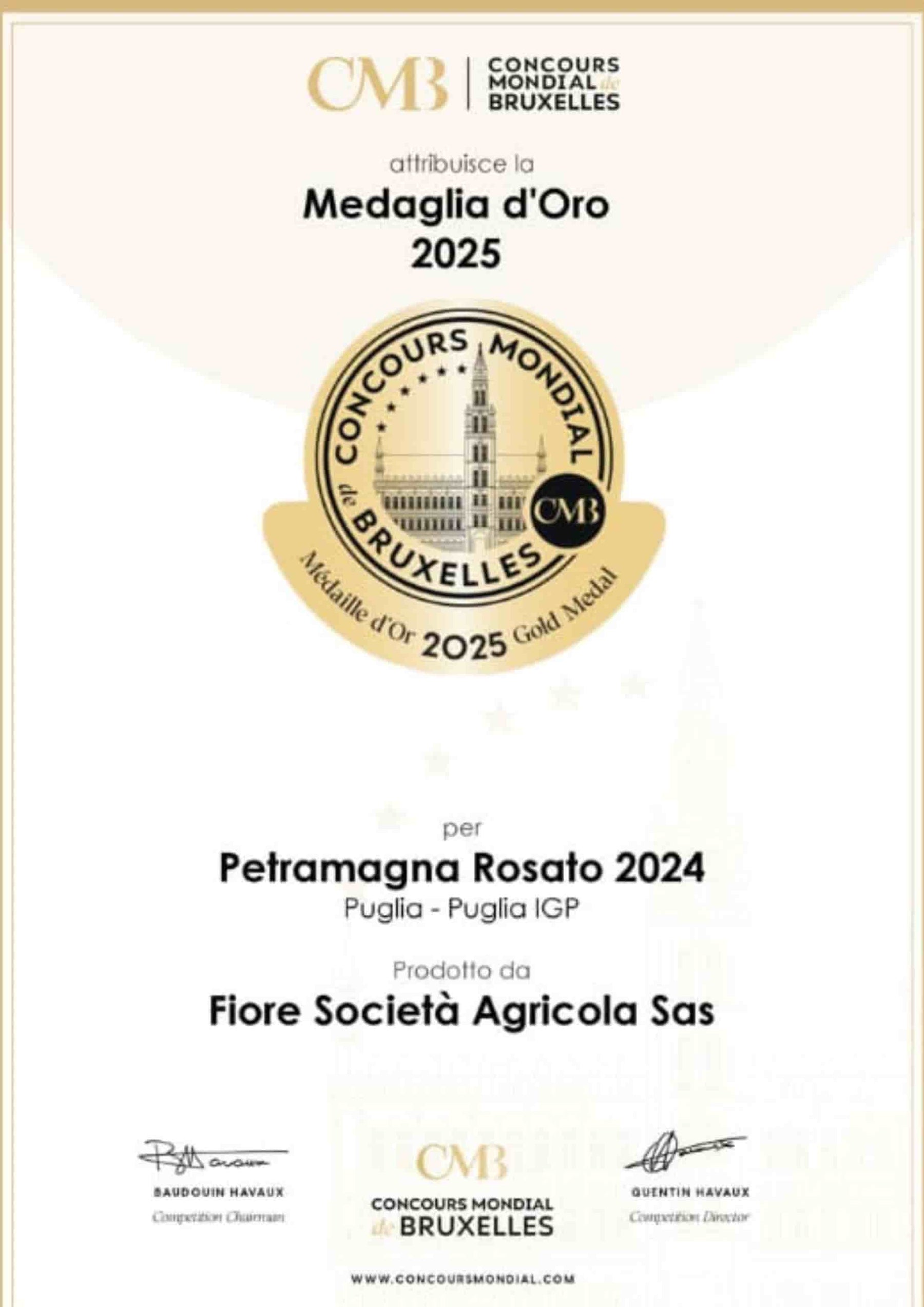 Attestato Concorso mondiale di Bruxelles - Medaglia d'Oro 2025 per Petramagna Rosato 2024 di Cantine Fiore