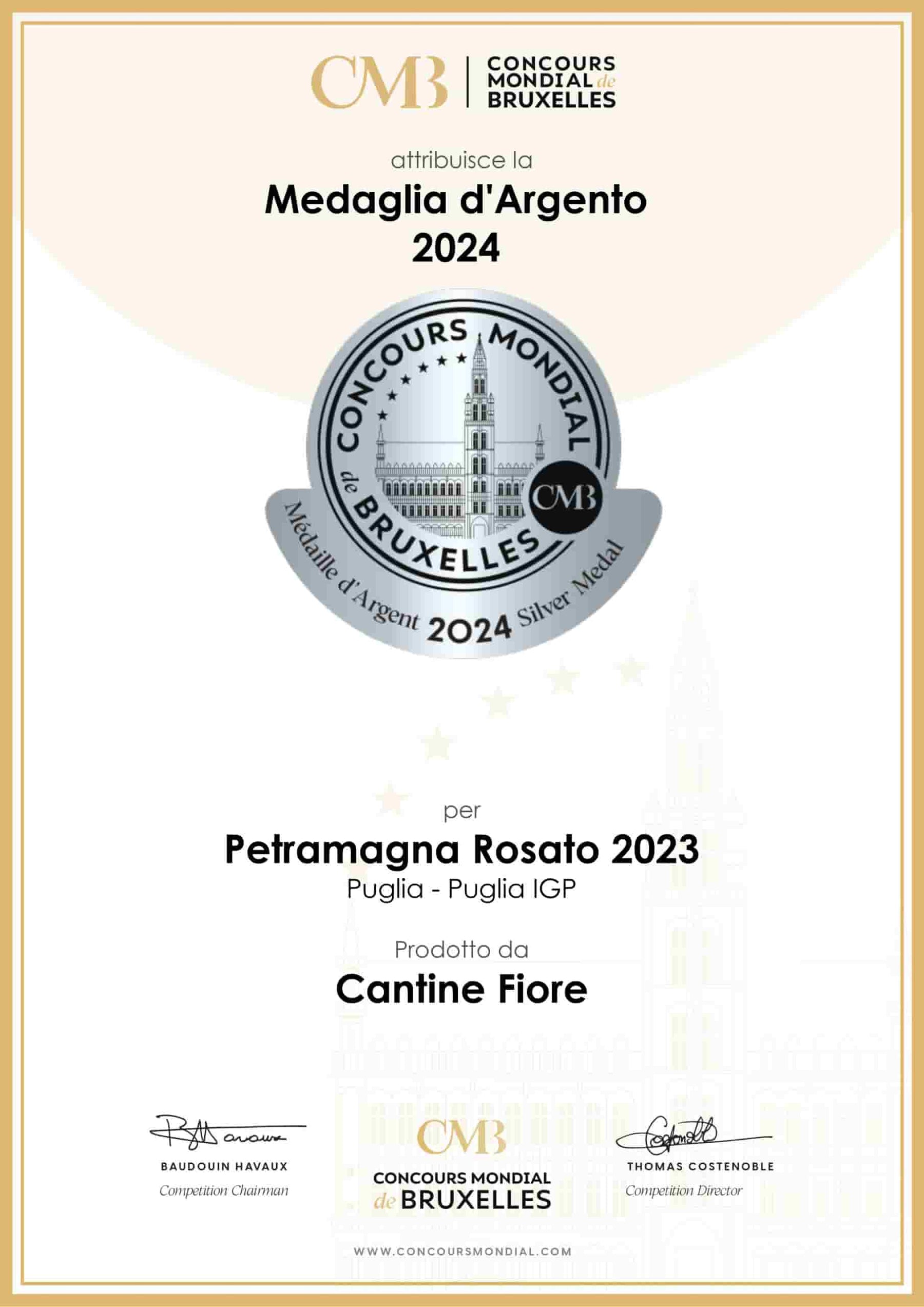 Attestato Concorso mondiale di Bruxelles - Medaglia d'Argento 2024 per Petramagna Rosato 2023 di Cantine Fiore