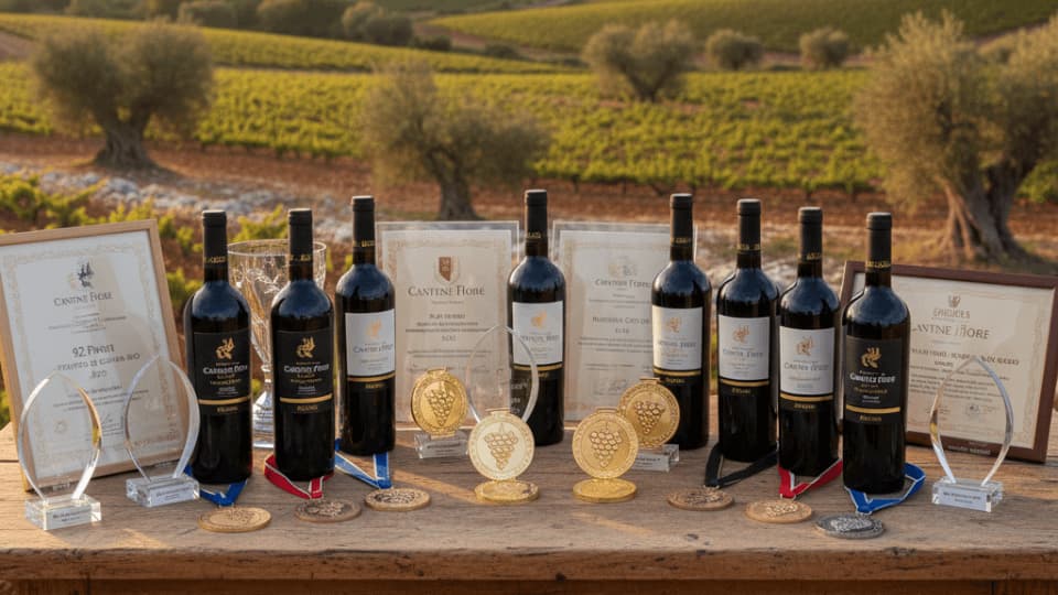 Tavolo con medagliere e bottiglie dei premiati vini Cantine Fiore