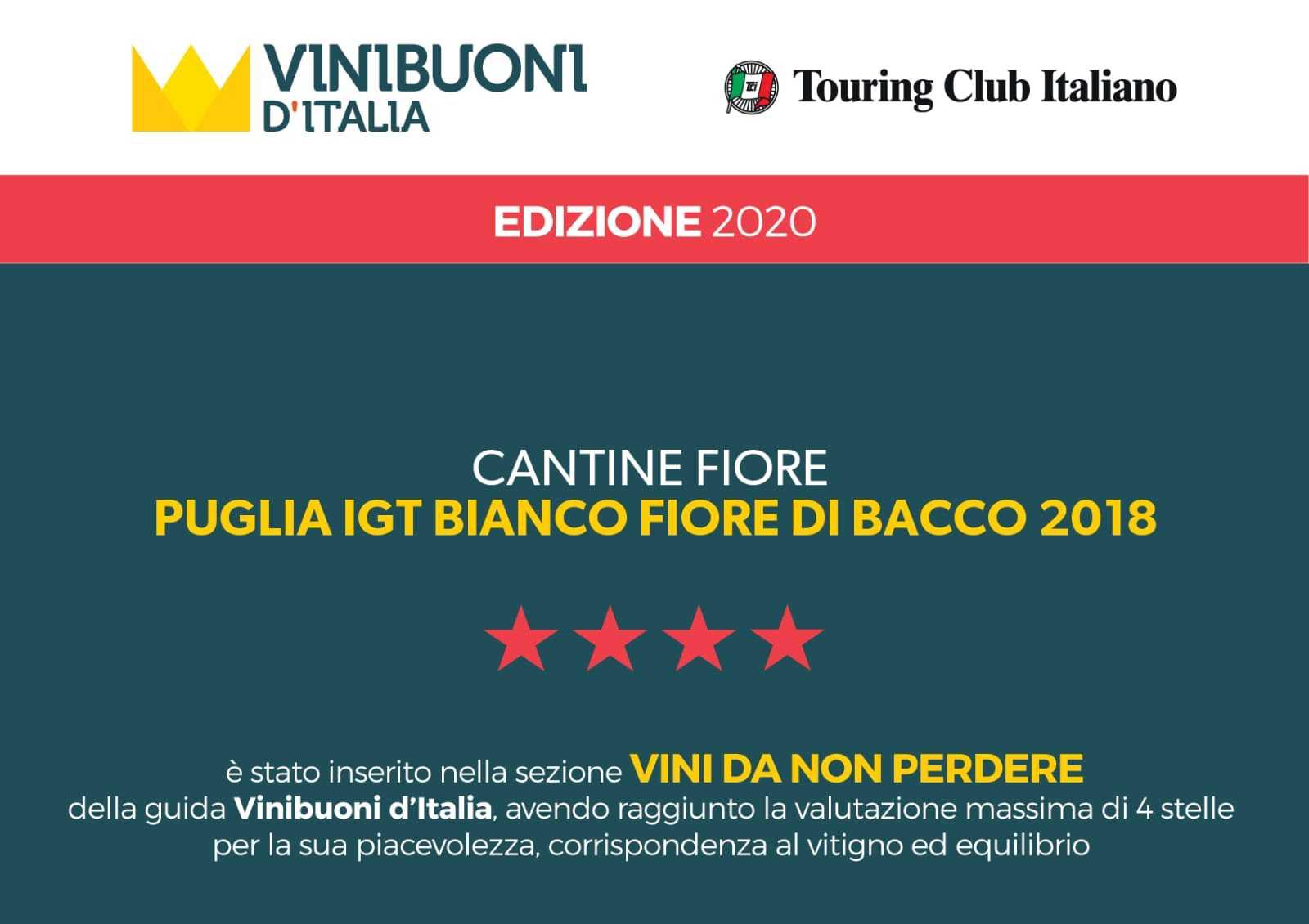 Attestato Touring Club Italiano edizione 2020 per Cantine Fiore ed il loro vino Bianco Fiore di Bacco 2018